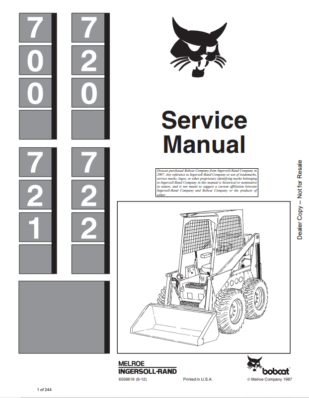 BOBCAT 700, 720, 721, 722 LOADER SERVICE MANUAL 6556619 PDF