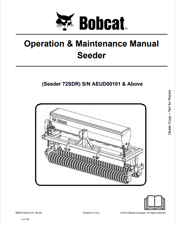 BOBCAT 72SDR SEEDER OPERATION AND MAINTENANCE MANUAL 6987212 PDF