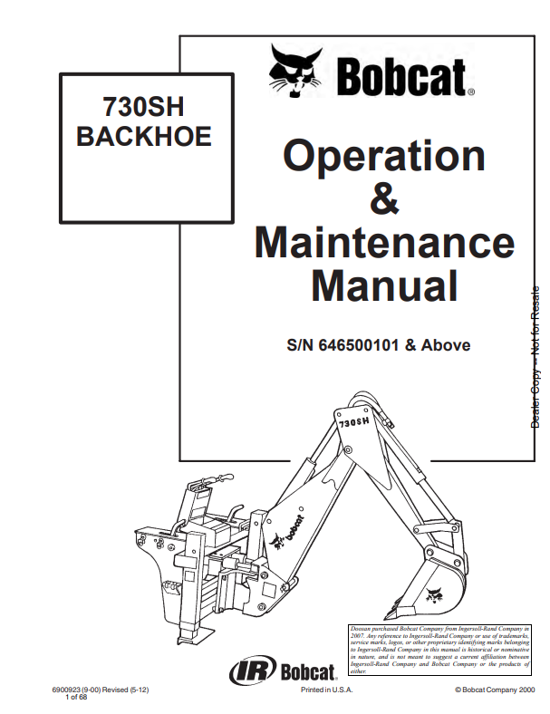 BOBCAT 730SH BACKHOE OPERATION AND MAINTENANCE MANUAL 6900923 PDF