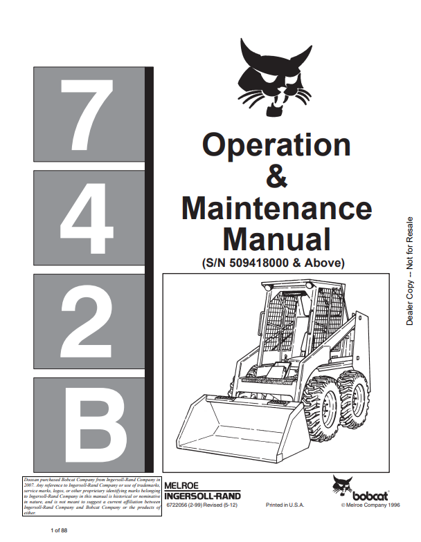 BOBCAT 742B LOADER OPERATION AND MAINTENANCE MANUAL 6722056 PDF