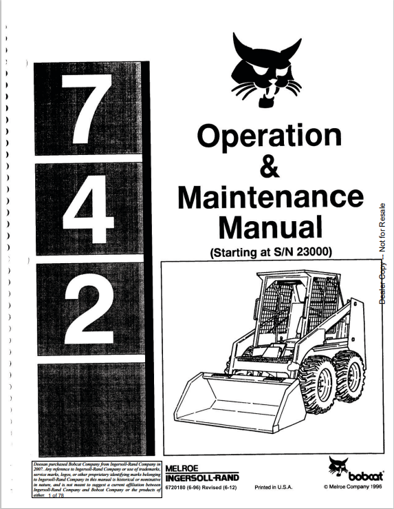 BOBCAT 742 LOADER OPERATION AND MAINTENANCE MANUAL 6720180 PDF
