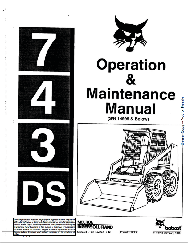 BOBCAT 743DS LOADER OPERATION AND MAINTENANCE MANUAL 6566338 PDF