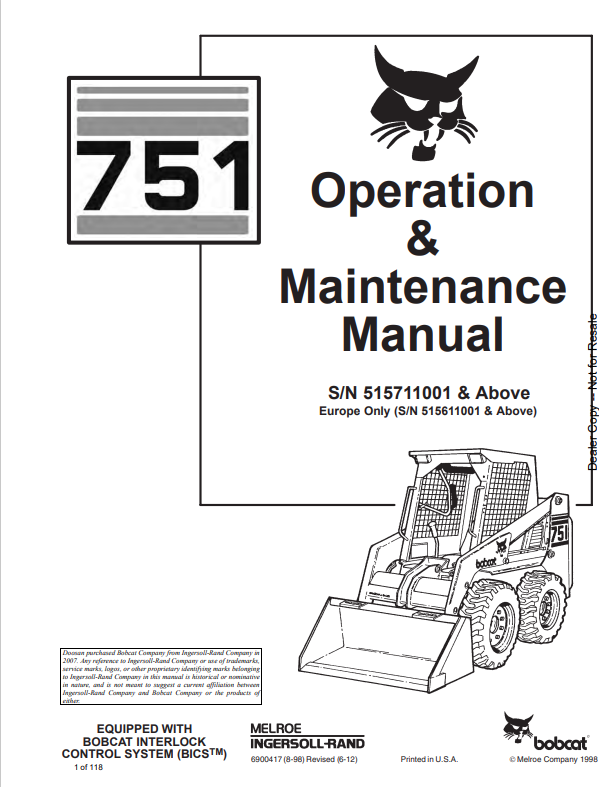BOBCAT 751 LOADER OPERATION AND MAINTENANCE MANUAL 6900417 PDF