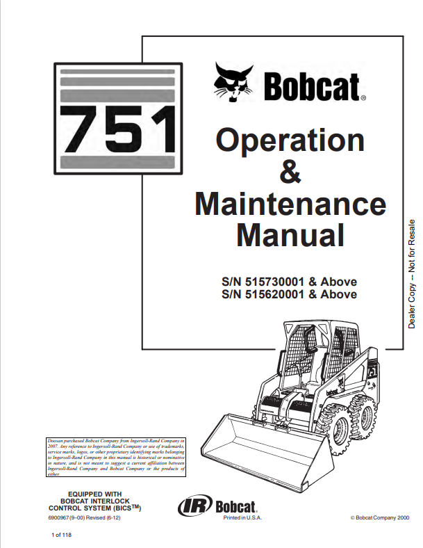 BOBCAT 751 LOADER OPERATION AND MAINTENANCE MANUAL 6900967 PDF