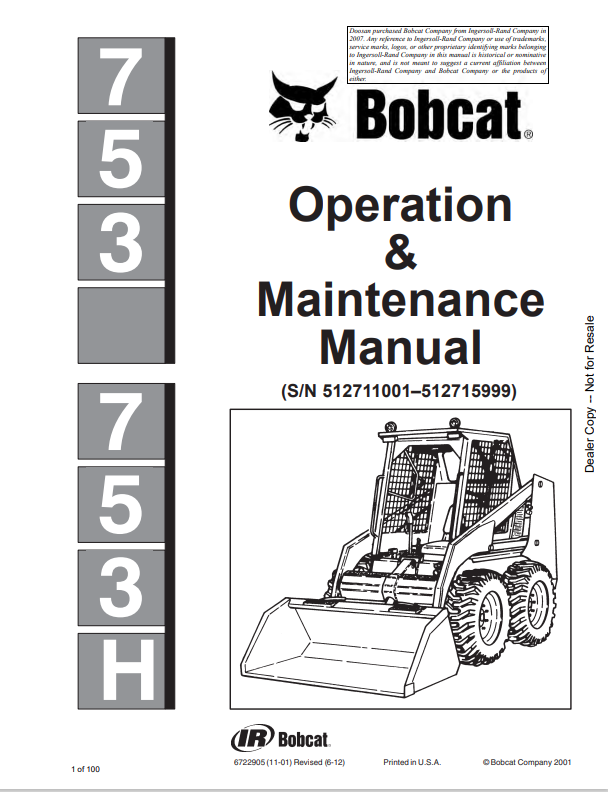 BOBCAT 753, 753H LOADER OPERATION AND MAINTENANCE MANUAL 6722905 PDF