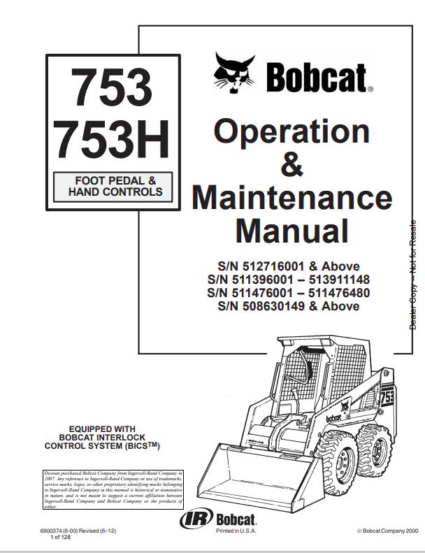 BOBCAT 753, 753H LOADER OPERATION AND MAINTENANCE MANUAL 6900374 PDF