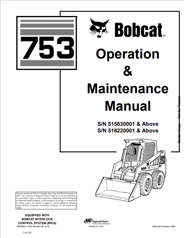 BOBCAT 753 LOADER OPERATION AND MAINTENANCE MANUAL 6900969 PDF