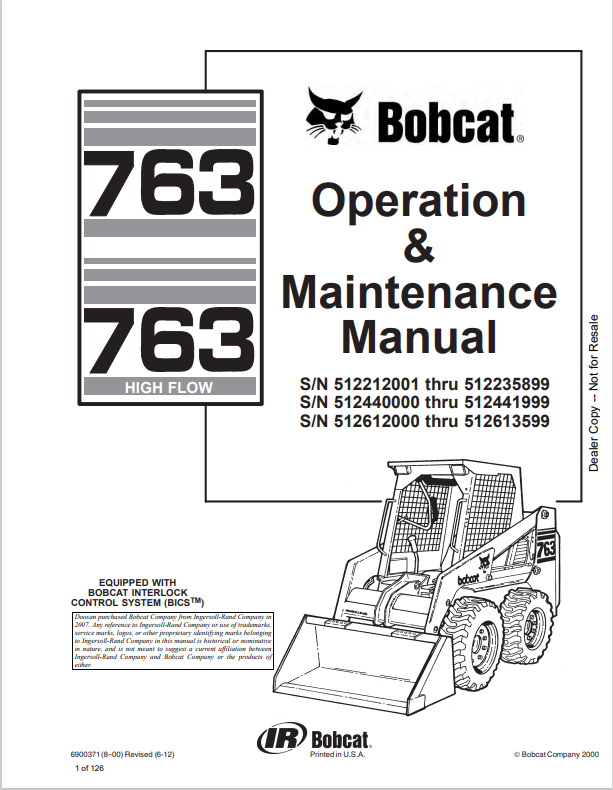 BOBCAT 763, 763 HIGH FLOW LOADER OPERATION AND MAINTENANCE MANUAL 6900371 PDF