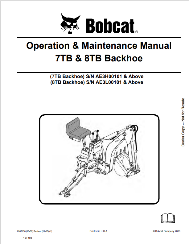 BOBCAT 7TB AND 8TB BACKHOE OPERATION AND MAINTENANCE MANUAL 6987138 PDF