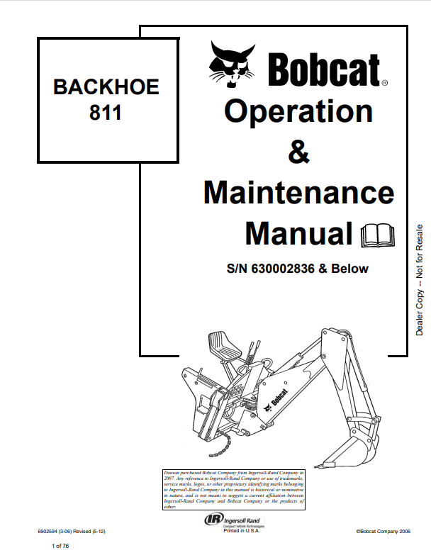BOBCAT 811 BACKHOE OPERATION AND MAINTENANCE MANUAL 6902594 PDF
