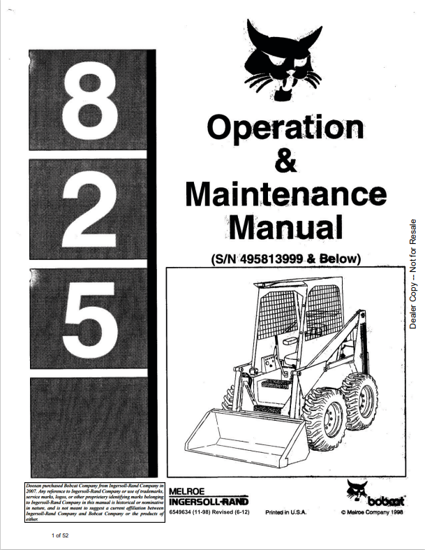 BOBCAT 825 LOADER OPERATION AND MAINTENANCE MANUAL 6549634 PDF