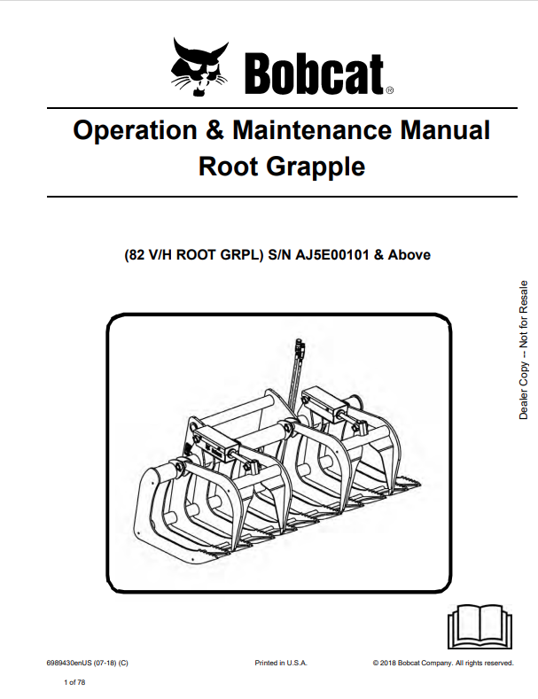BOBCAT 82 V/H ROOT GRAPPLE OPERATION AND MAINTENANCE MANUAL 6989430 PDF