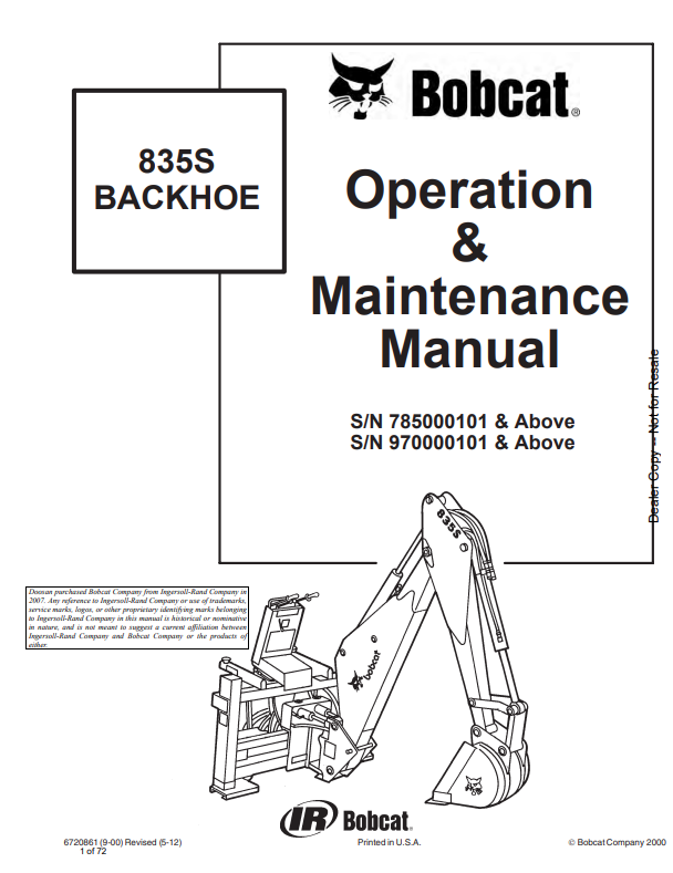 BOBCAT 835S BACKHOE OPERATION AND MAINTENANCE MANUAL 6720861 PDF