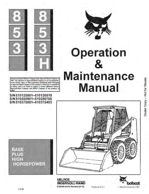 BOBCAT 853, 853H LOADER OPERATION AND MAINTENANCE MANUAL 6722406 PDF