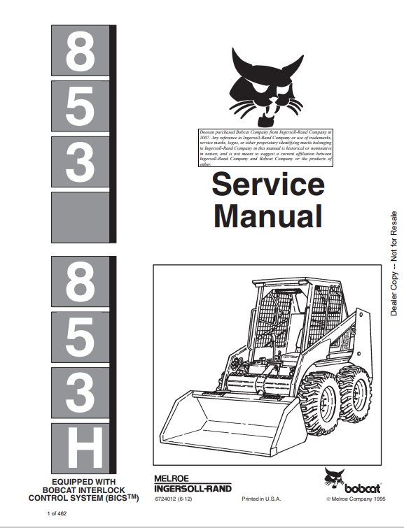 BOBCAT 853, 853H LOADER SERVICE MANUAL 6724012 PDF