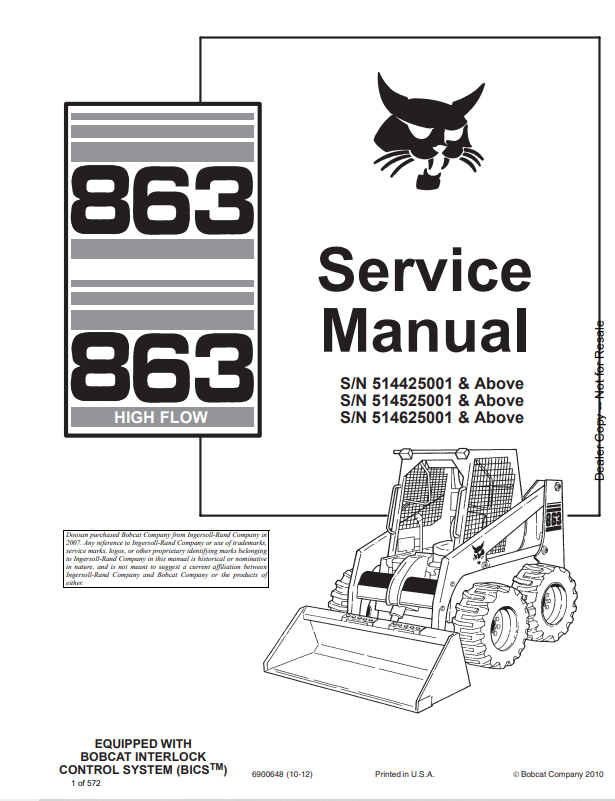 BOBCAT 863, 863 HIGH FLOW SERVICE MANUAL 6900648 PDF