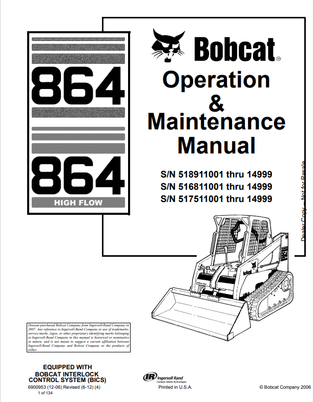 BOBCAT 864, 864 HIGH FLOW OPERATION AND MAINTENANCE MANUAL 6900953 PDF