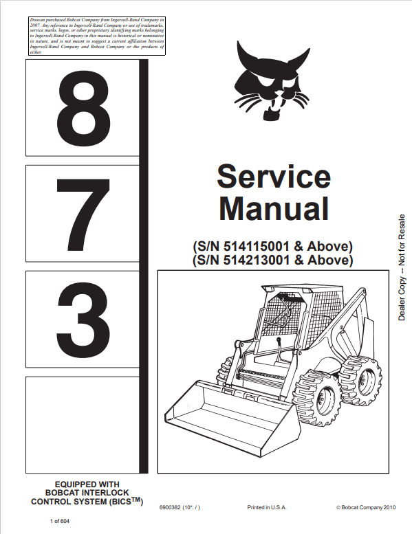 BOBCAT 873 LOADER SERVICE MANUAL 6900382 PDF