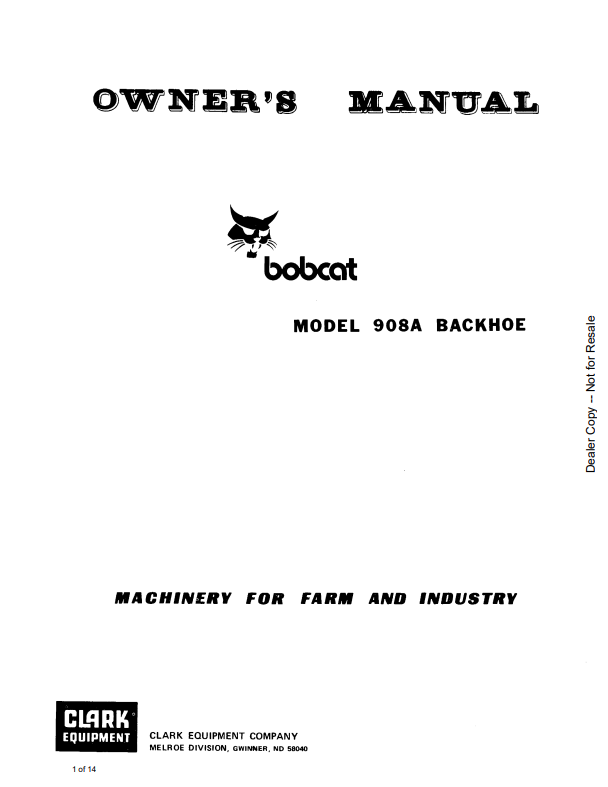 BOBCAT 908A BACKHOE OWNER MANUAL 6556218 PDF