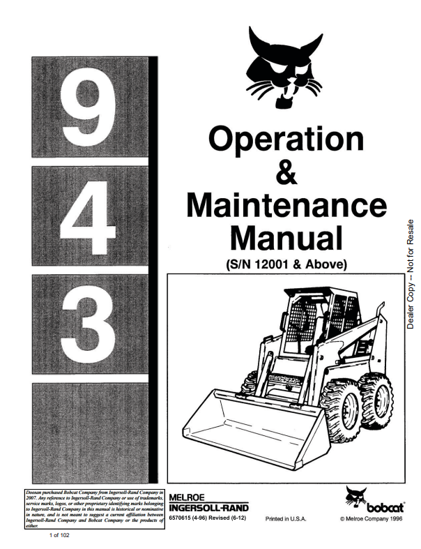 BOBCAT 943 LOADER OPERATION AND MAINTENANCE MANUAL 6570615 PDF
