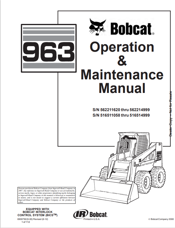 BOBCAT 963 LOADER OPERATION AND MAINTENANCE MANUAL 6900792 PDF