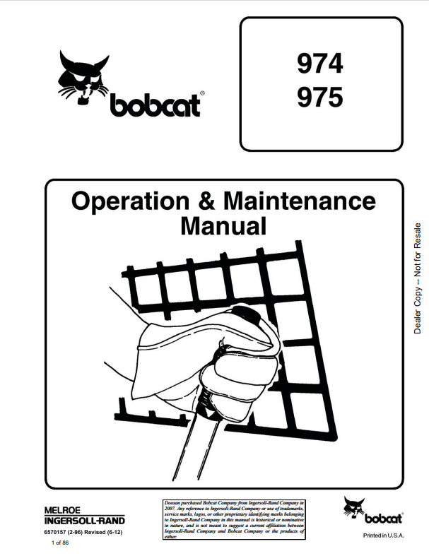 BOBCAT 974, 975 LOADER OPERATION AND MAINTENANCE MANUAL 6570157 PDF