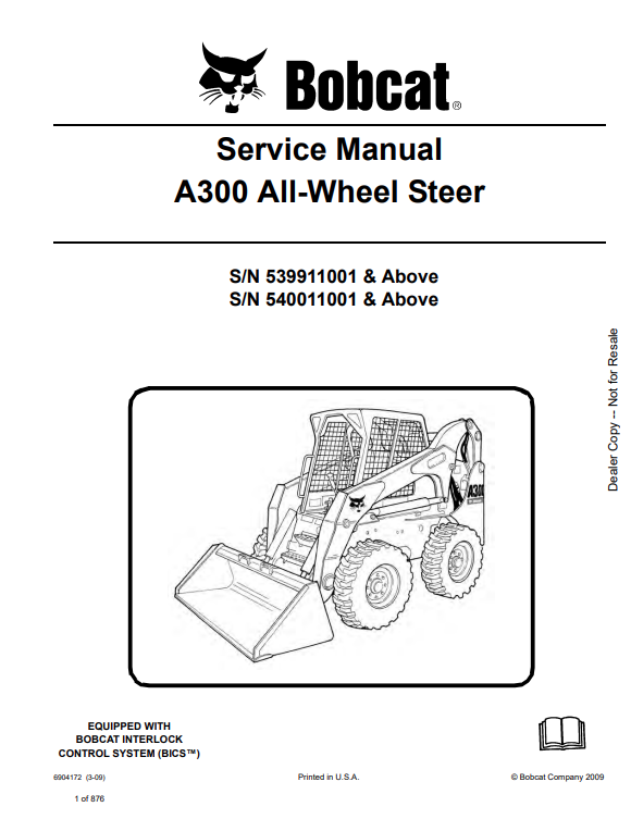 BOBCAT A300 ALL WHEEL LOADER SERVICE MANUAL 6904172 PDF