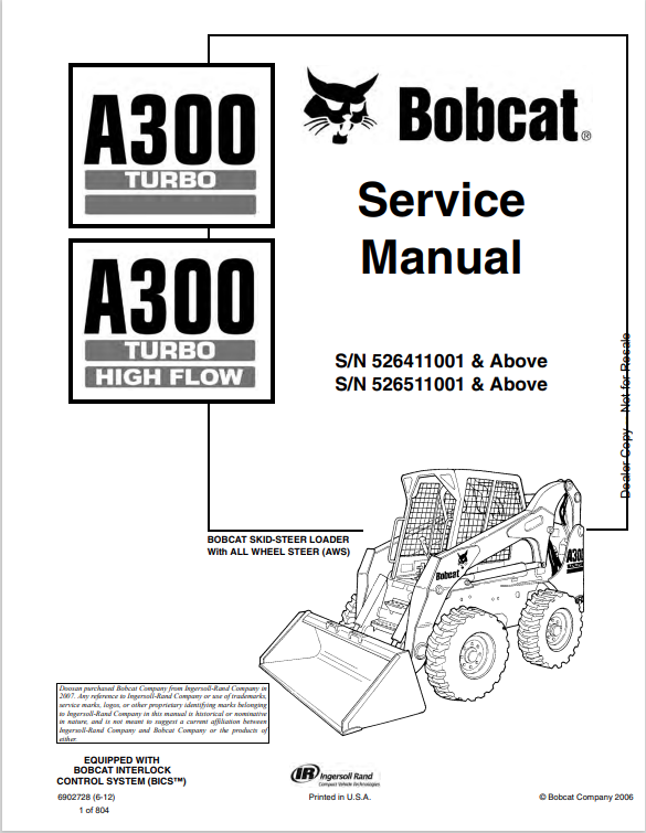 BOBCAT A300 TURBO, A300 TURBO HIGH FLOW SERVICE MANUAL 6902728 PDF