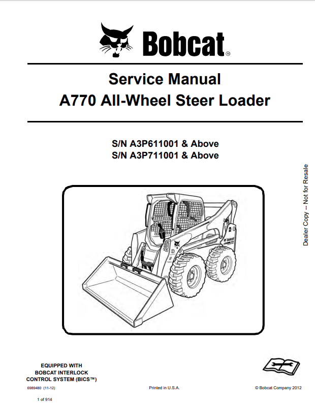 BOBCAT A770 ALL WHEEL STEER LOADER SERVICE MANUAL 6989480 PDF