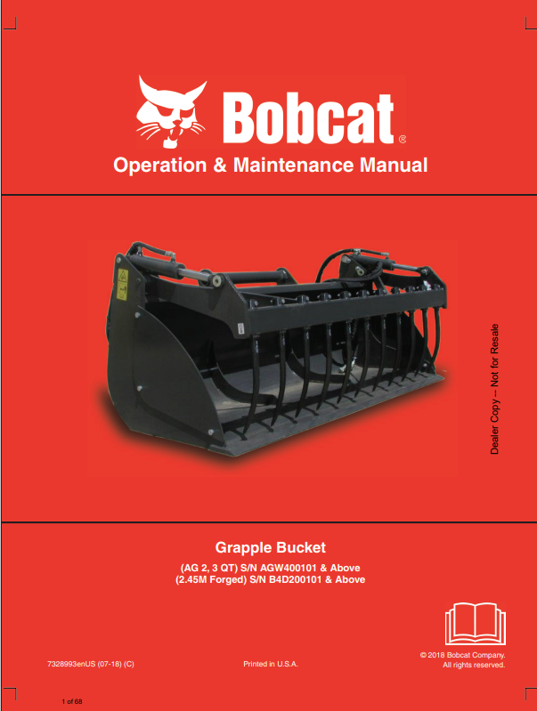BOBCAT AG 2, 3 QT, 2.45M FORGED GRAPPLE BUCKET INDUSTRIAL GRAPPLE OPERATION AND MAINTENANCE MANUAL 7328993 PDF