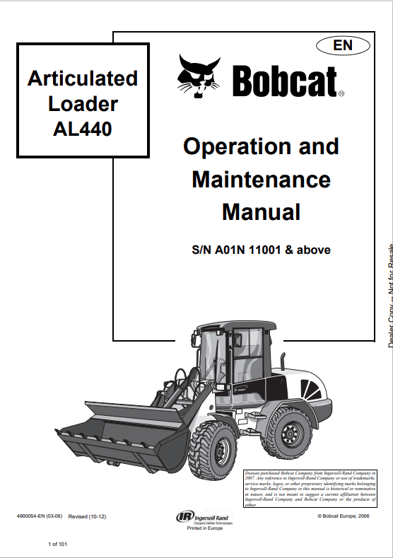 BOBCAT AL440 ARTICULATED LOADER OPERATION AND MAINTENANCE MANUAL 4900054 PDF