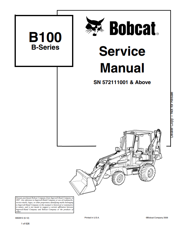 BOBCAT B100 B SERIES BACKHOE LOADER SERVICE MANUAL 6902812 PDF
