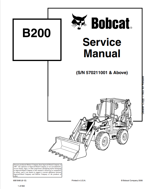 BOBCAT B200 BACKHOE LOADER SERVICE MANUAL 6901848 PDF