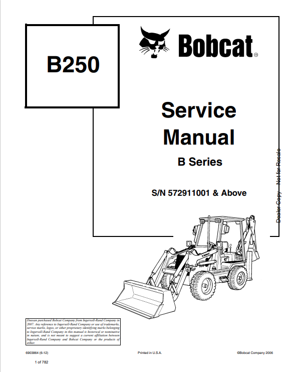 BOBCAT B250 BACKHOE LOADER SERVICE MANUAL 6903864 PDF
