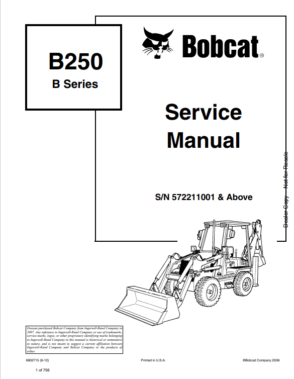BOBCAT B250 B SERIES BACKHOE LOADER SERVICE MANUAL 6902715 PDF