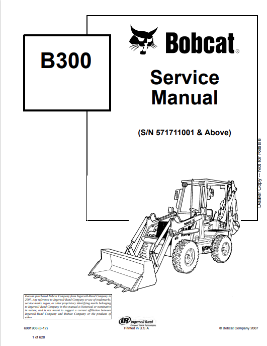 BOBCAT B300 BACKHOE LOADER SERVICE MANUAL 6901906 PDF