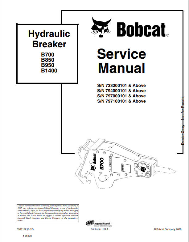 BOBCAT B700, B850, B950, B1400 HYDRAULIC BREAKER SERVICE MANUAL 6901152 PDF