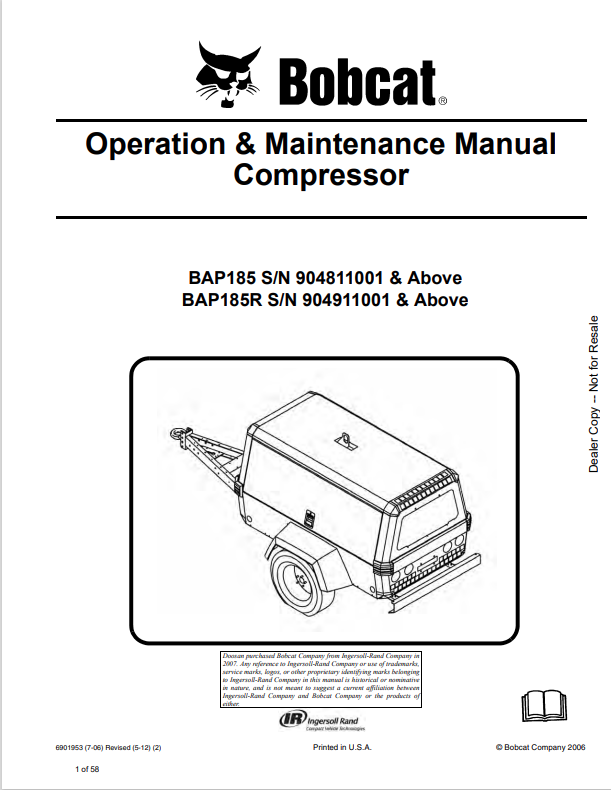 BOBCAT BAP185, BAP185R VIBRATORY PLATE COMPACTOR OPERATION AND MAINTENANCE MANUAL 6901953 PDF
