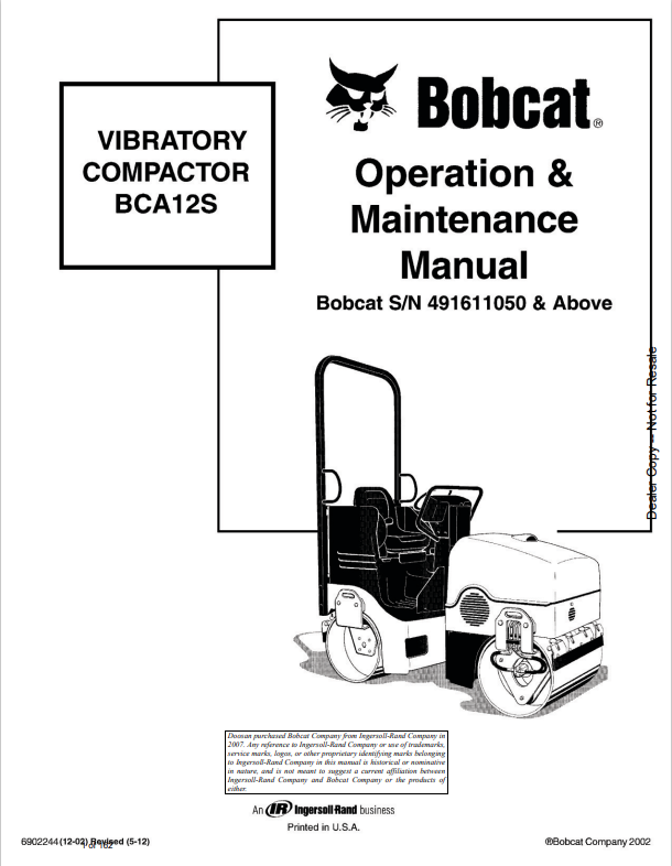 BOBCAT BCA12S VIBRATORY COMPACTOR OPERATION AND MAINTENANCE MANUAL 6902244 PDF