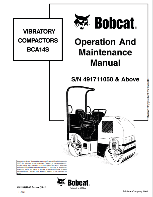 BOBCAT BCA14S VIBRATORY COMPACTOR OPERATION AND MAINTENANCE MANUAL 6902245 PDF