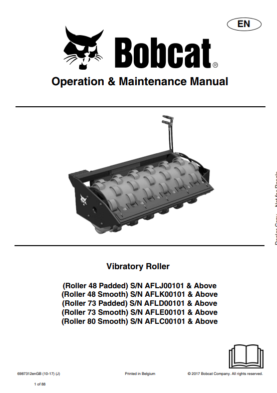 BOBCAT BOBCAT ROLLER 48 PADDED, ROLLER 48 SMOOTH, ROLLER 73 SMOOTH, ROLLER 80 SMOOTH VIBRATORY ROLLER OPERATION AND MAINTENANCE MANUAL 6987312 PDF