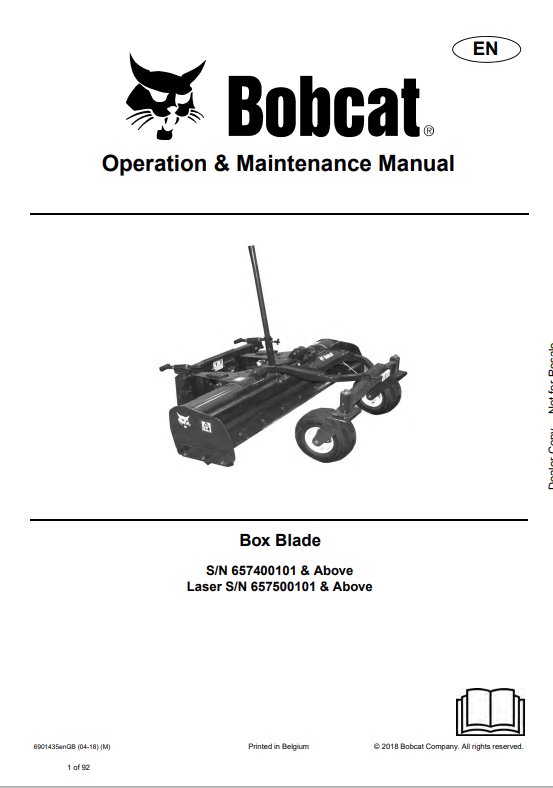 BOBCAT BOX BLADE, BOX BLADE LASER OPERATION AND MAINTENANCE MANUAL 6901435 PDF