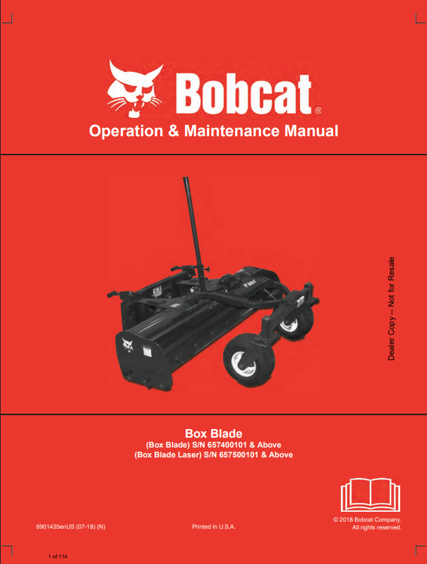 BOBCAT BOX BLADE, BOX BLADE LASER OPERATION AND MAINTENANCE MANUAL 6901435 PDF