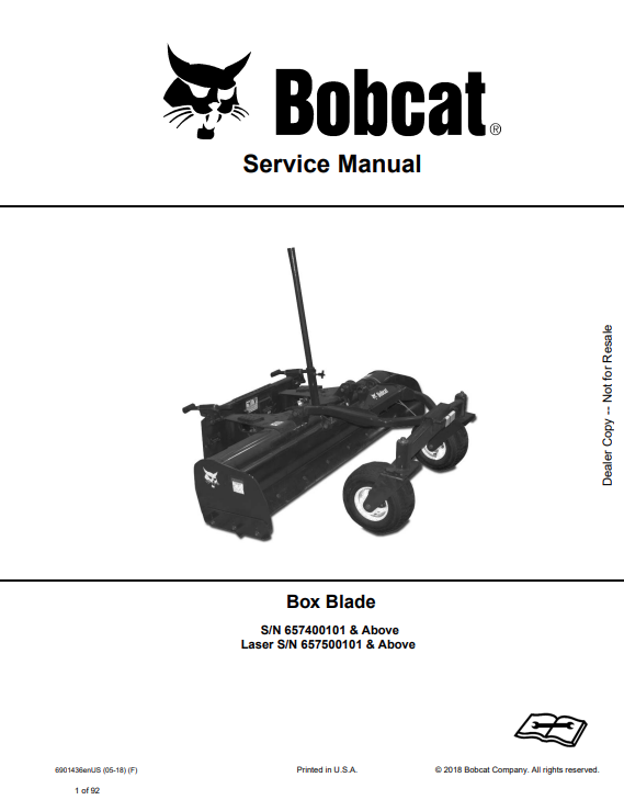 BOBCAT BOX BLADE, LASER SERVICE MANUAL 6901436 PDF