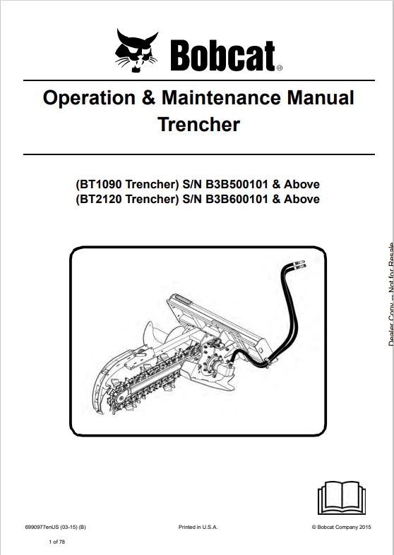 BOBCAT BT1090, BT2120 TRENCHER OPERATION AND MAINTENANCE MANUAL 6990977 PDF