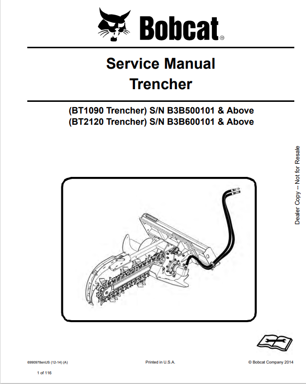 BOBCAT BT1090, BT2120 TRENCHER SERVICE MANUAL 6990978 PDF