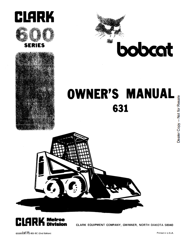 BOBCAT CLARK 600 SERIES 631 LOADER OWNER MANUAL 6556536 PDF