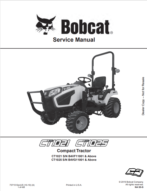 BOBCAT CT1021, CT1025 COMPACT TRACTOR SERVICE MANUAL 7371512 PDF