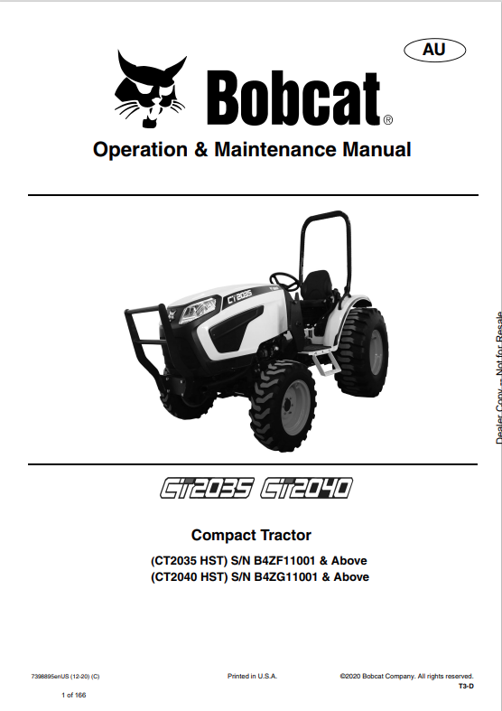BOBCAT CT2035, CT2040 COMPACT TRACTOR OPERATION AND MAINTENANCE MANUAL 7398895 PDF