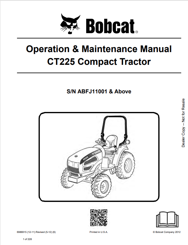 BOBCAT CT225 COMPACT TRACTOR OPERATION AND MAINTENANCE MANUAL 6986915 PDF